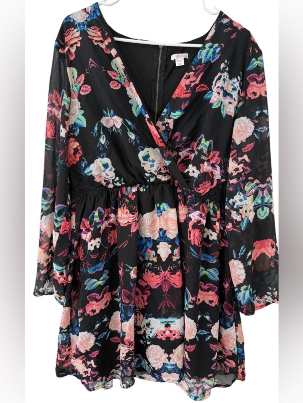 Xhilaration Black Floral Fit-and-Flare Dress with Pink and Cream Blooms (002)
